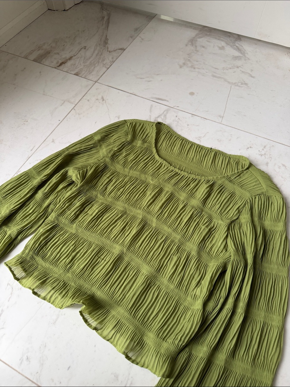 Smocked Olive Green Long Sleeve Bell-Sleeve Crop Blouse - Picture 2 of 2
